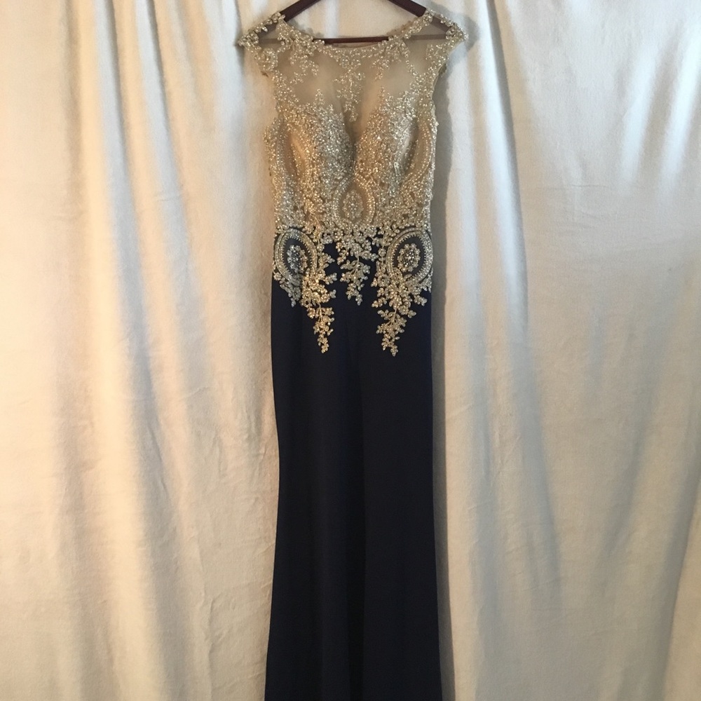 Navy Blue and Gold Evening Gown